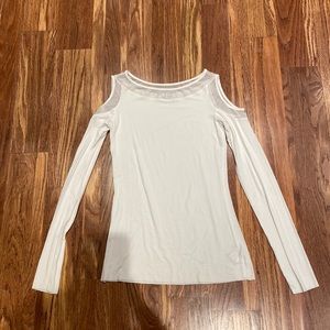 White cut out shoulder long sleeve shirt